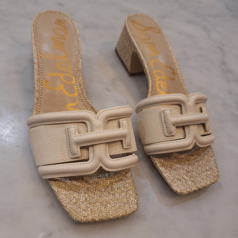 Sam Edelman Briar Sandals Wom 7.5 Beige Raffia Block Heel Slide Mules East Coast